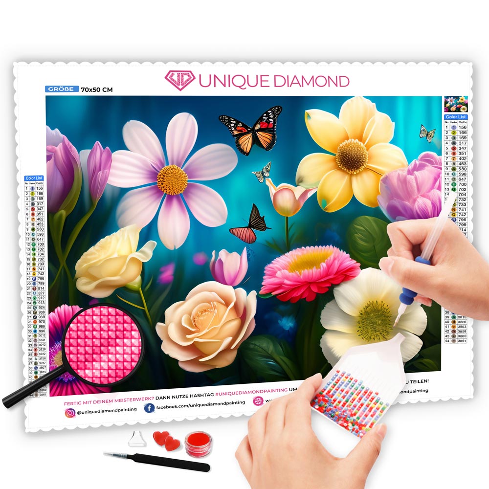 5D Diamond Painting AB Steine Flowers Blossoms With Butterfly, Unique-Diamond