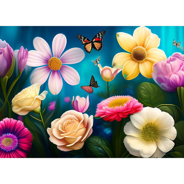 5D Diamond Painting AB Steine Flowers Blossoms With Butterfly, Unique-Diamond