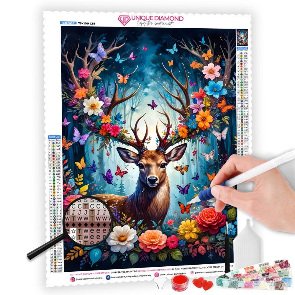 5D Diamond Painting AB Steine Flowers Deer mit 100 Farben, Unique-Diamond