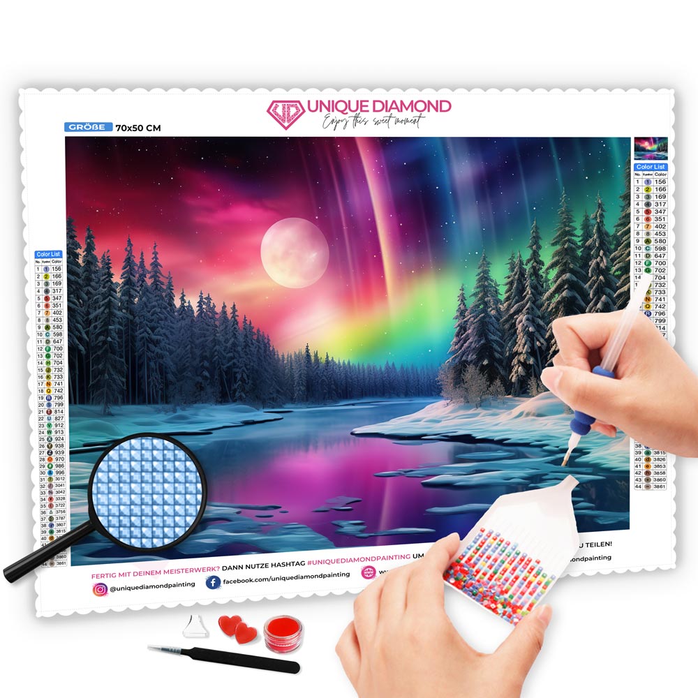 5D Diamond Painting AB Steine Fluss Mit Polarlichter, Unique-Diamond