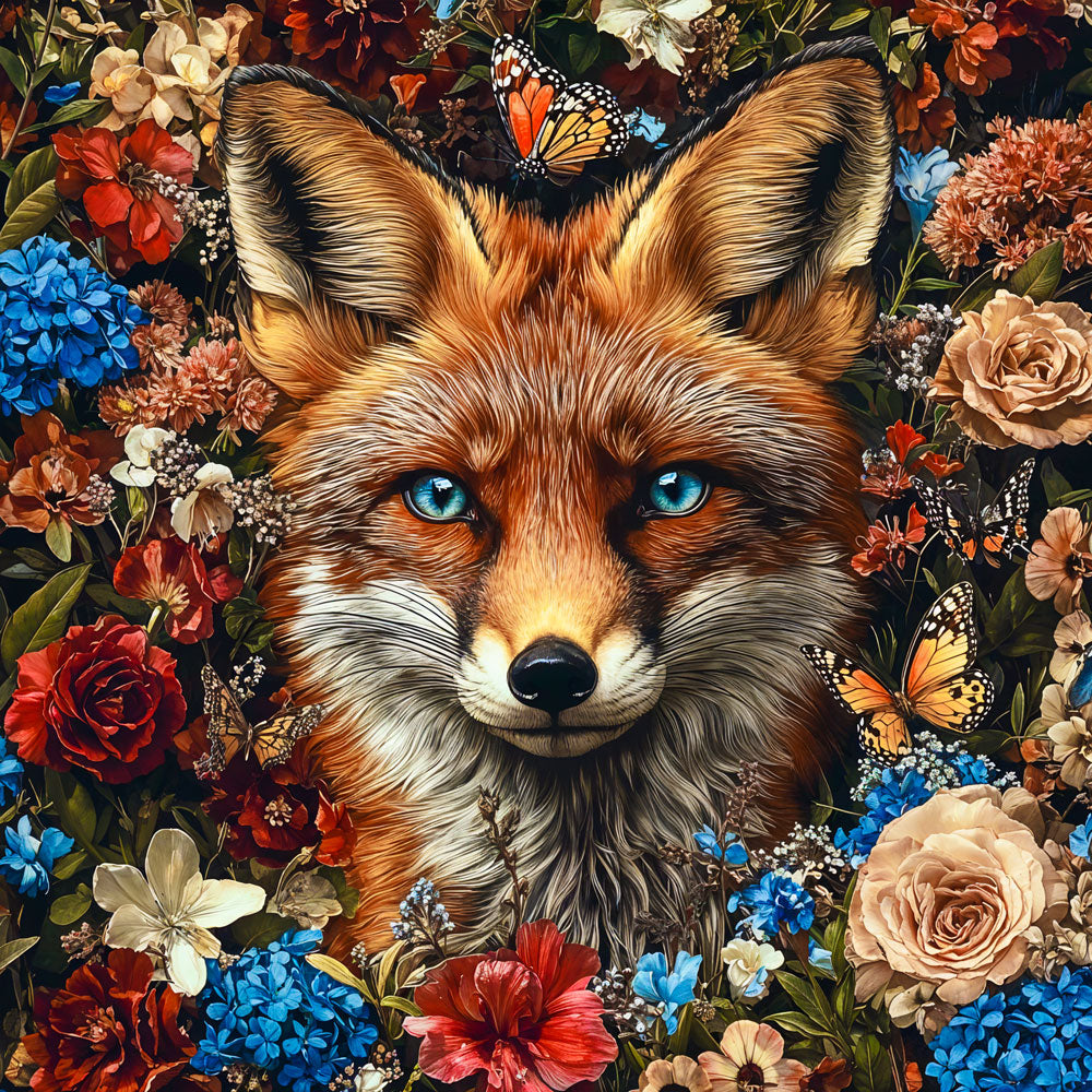 5D Diamond Painting AB Steine  Fuchs in Blumen, Unique-Diamond