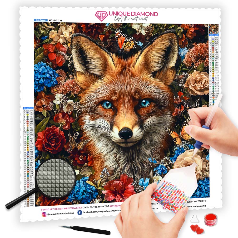 5D Diamond Painting AB Steine  Fuchs in Blumen, Unique-Diamond