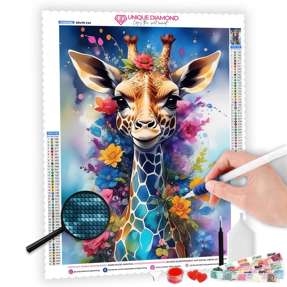 5D Diamond Painting AB Steine Giraffe With Flowers, Unique-Diamond