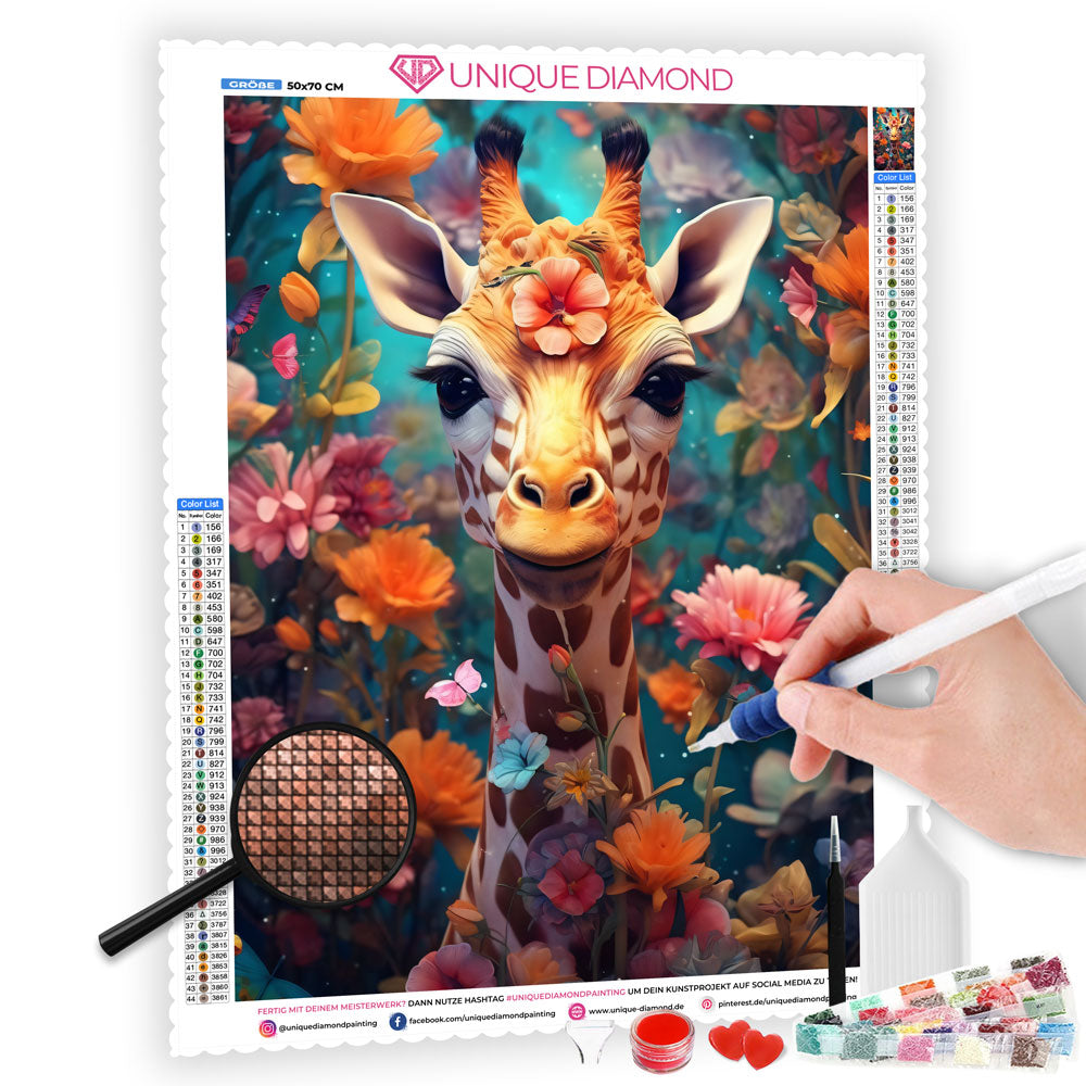 5D Diamond Painting AB Steine Giraffe In Blumen, Unique-Diamond