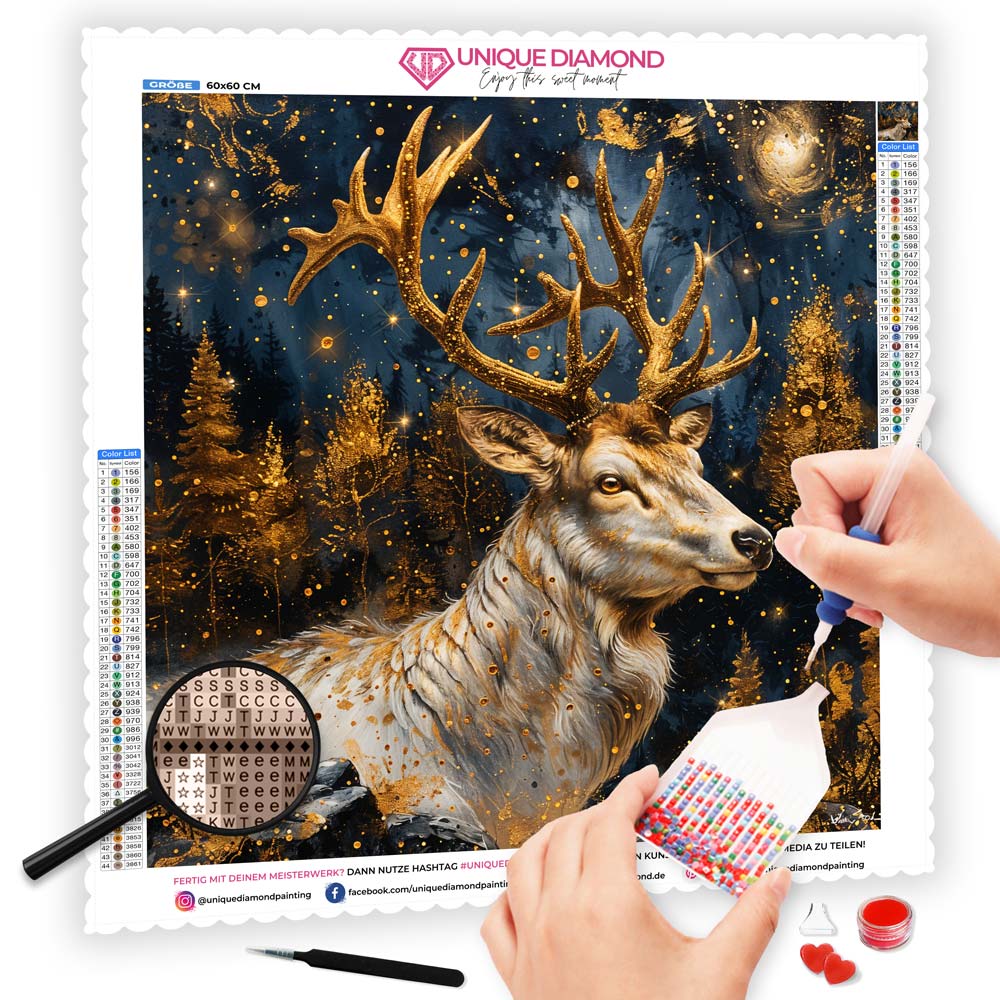 5D Diamond Painting AB Steine Golden Starlight Stag mit 100 Farben, Unique-Diamond