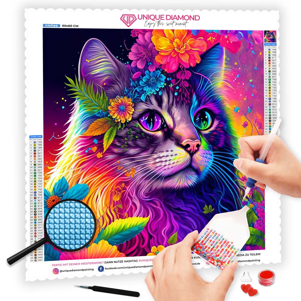 5D Diamond Painting AB Steine Katze Mit Blumen, Unique-Diamond