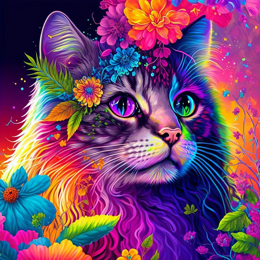 5D Diamond Painting AB Steine Katze Mit Blumen, Unique-Diamond