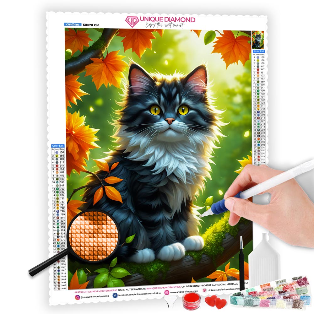 5D Diamond Painting AB Steine Katze im Herbst, Unique-Diamond