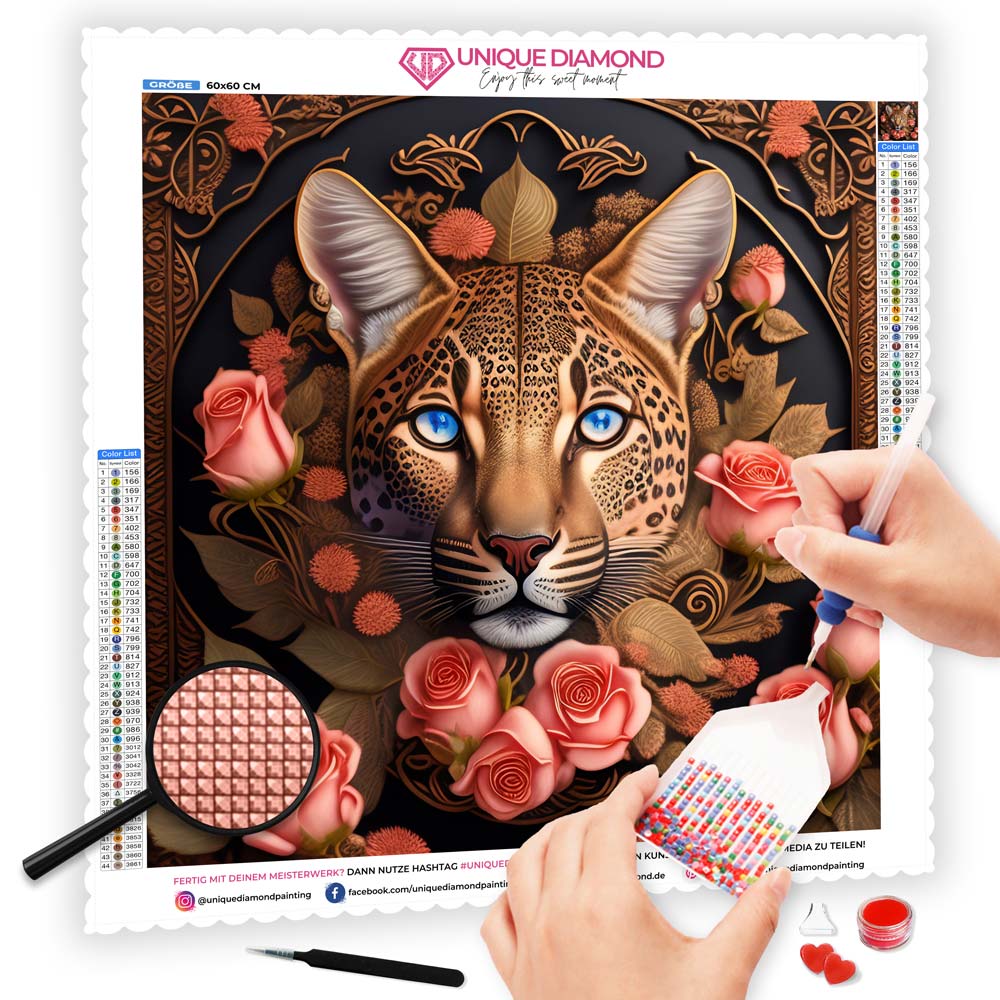 5D Diamond Painting AB Steine Leopard mit Blumen, Unique-Diamond
