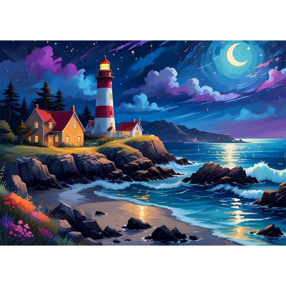 5D Diamond Painting AB Steine Lighthouse In The Moonlight mit 100 Farben, Unique-Diamond