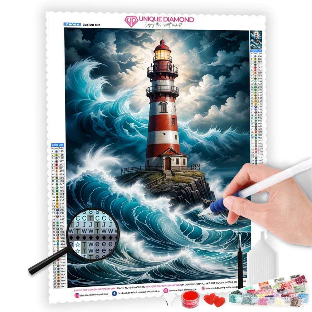 5D Diamond Painting AB Steine Lighthouse Storm mit 100 Farben, Unique-Diamond