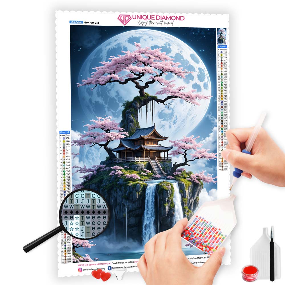 5D Diamond Painting AB Steine Moonlight Sakura Haven mit 100 Farben, Unique-Diamond