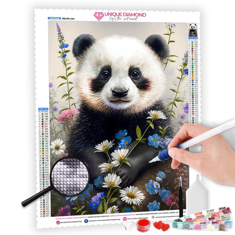 5D Diamond Painting AB Steine Panda Mit Blumen, Unique-Diamond