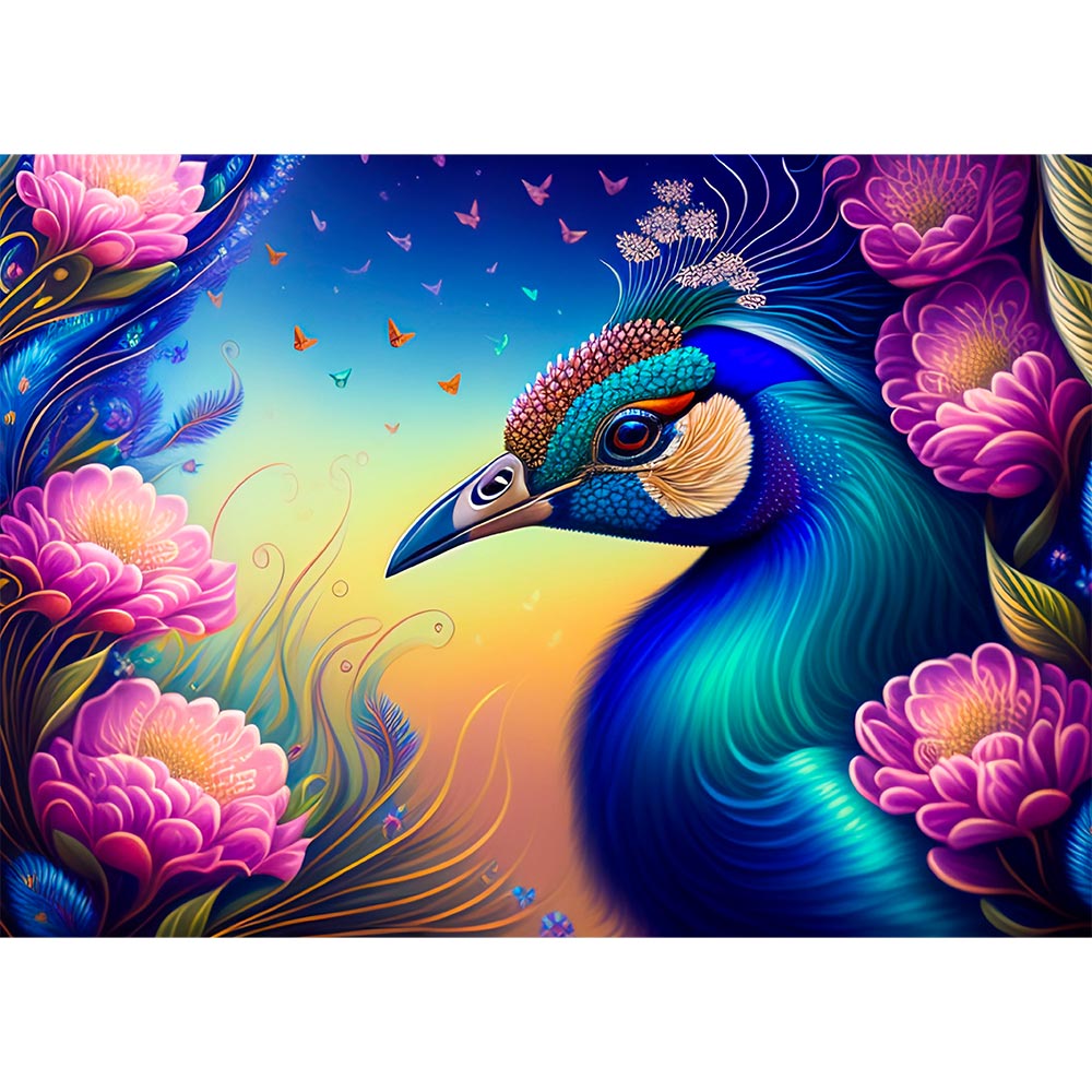 5D Diamond Painting AB Steine Pfau mit Blumen, Unique-Diamond