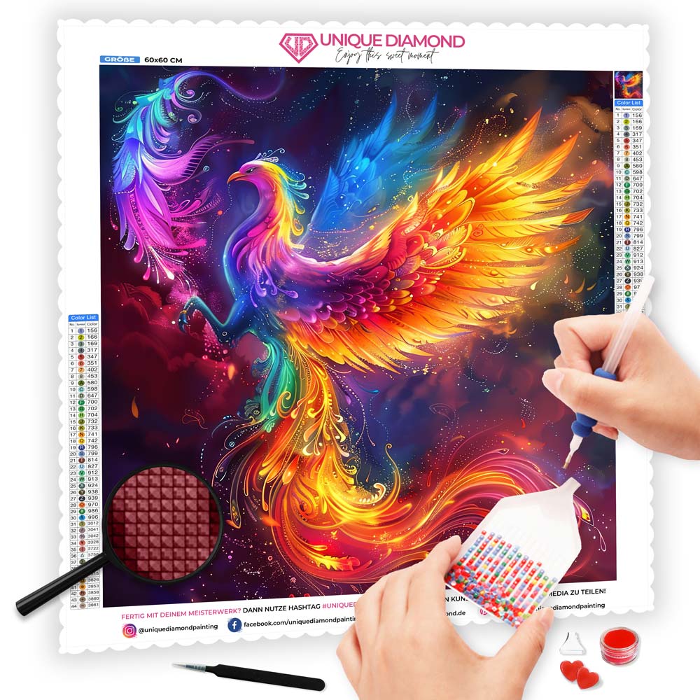 5D Diamond Painting AB Steine Phönix mit 100 Farben, Unique-Diamond