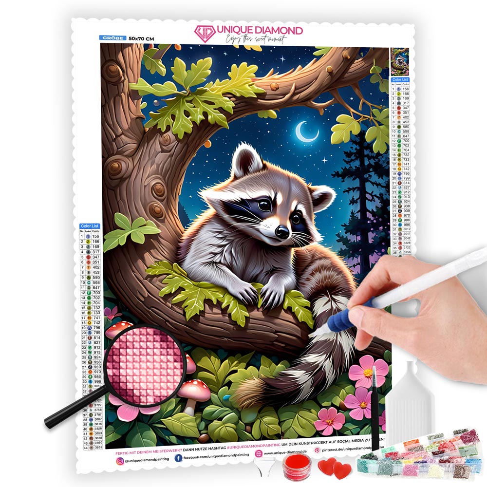 5D Diamond Painting AB Steine Racoon mit 100 Farben, Unique-Diamond