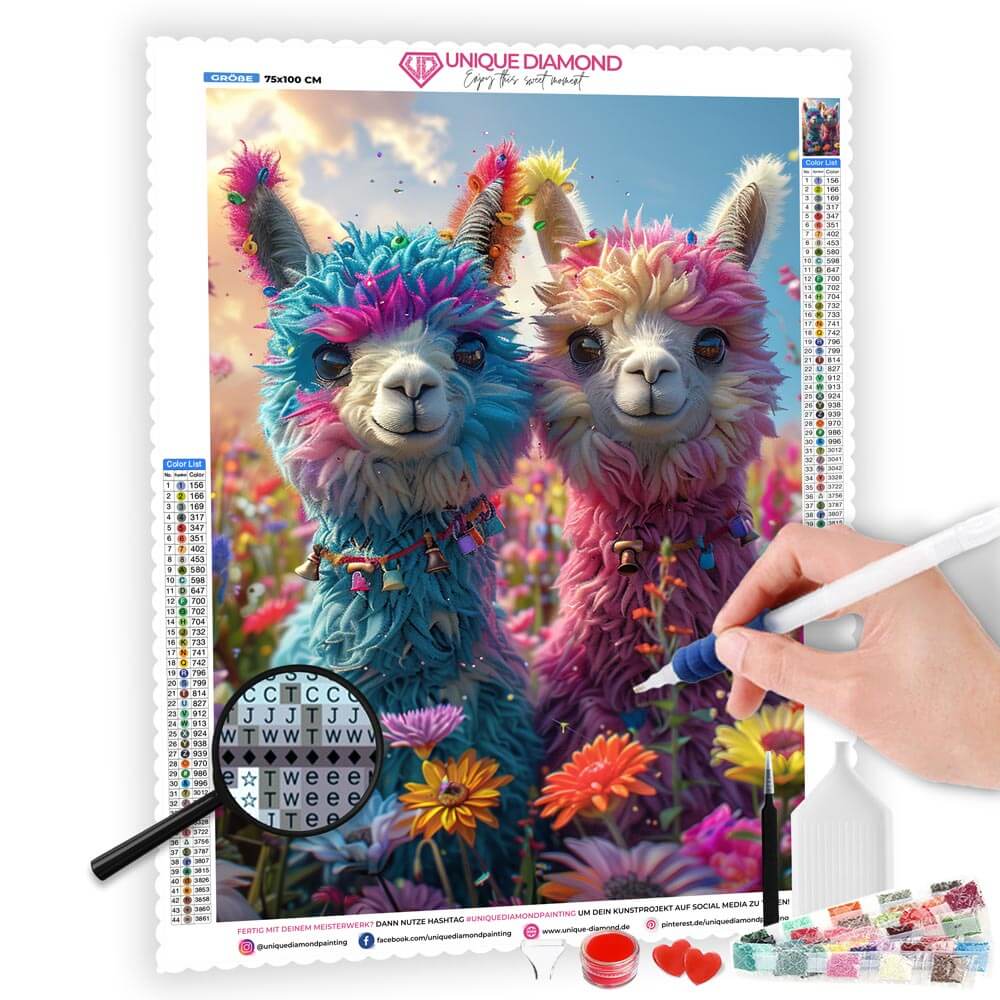 5D Diamond Painting AB Steine Rainbow Alpaca Duo mit 100 Farben, Unique-Diamond