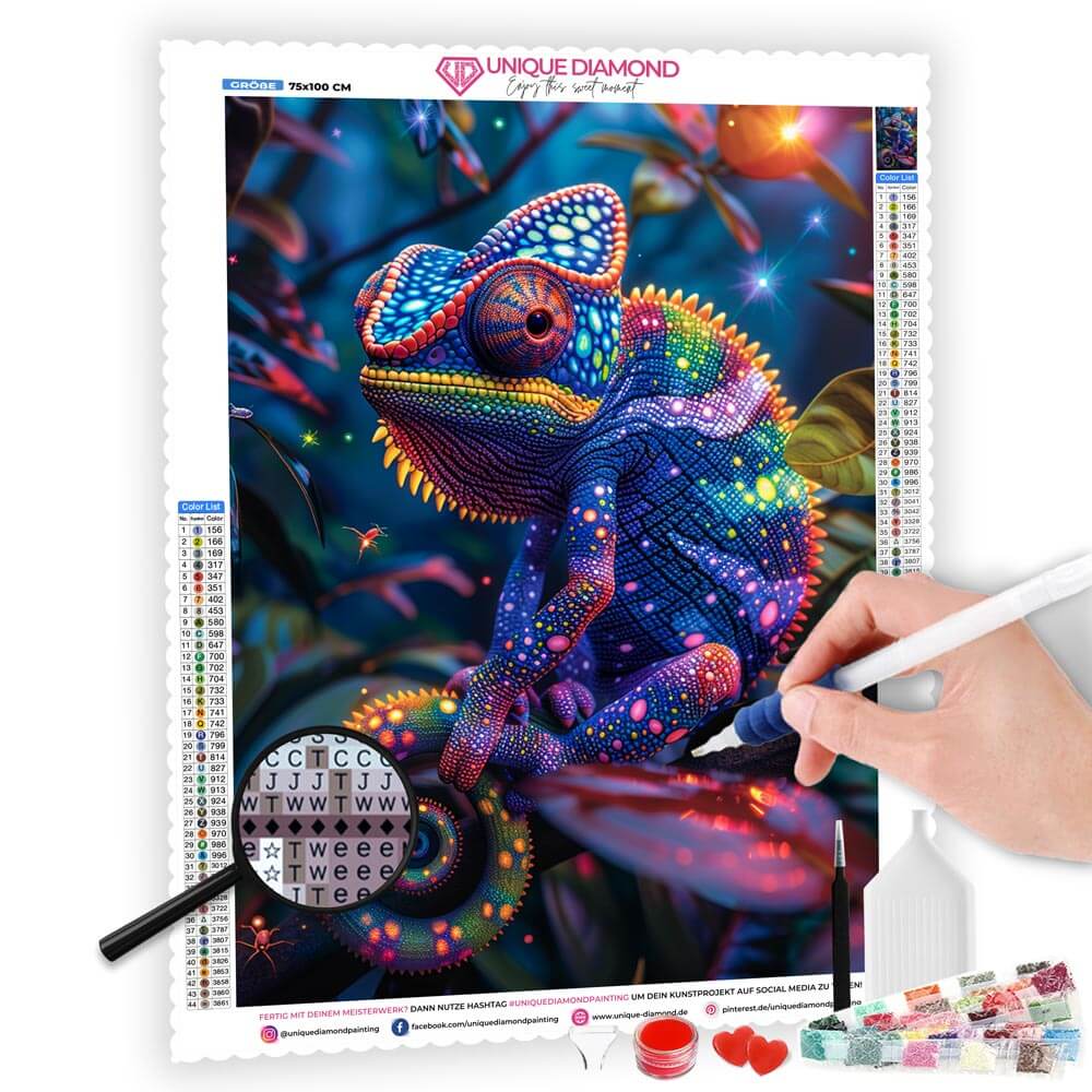 5D Diamond Painting AB Steine Rainbow Chameleon Delight mit 100 Farben, Unique-Diamond