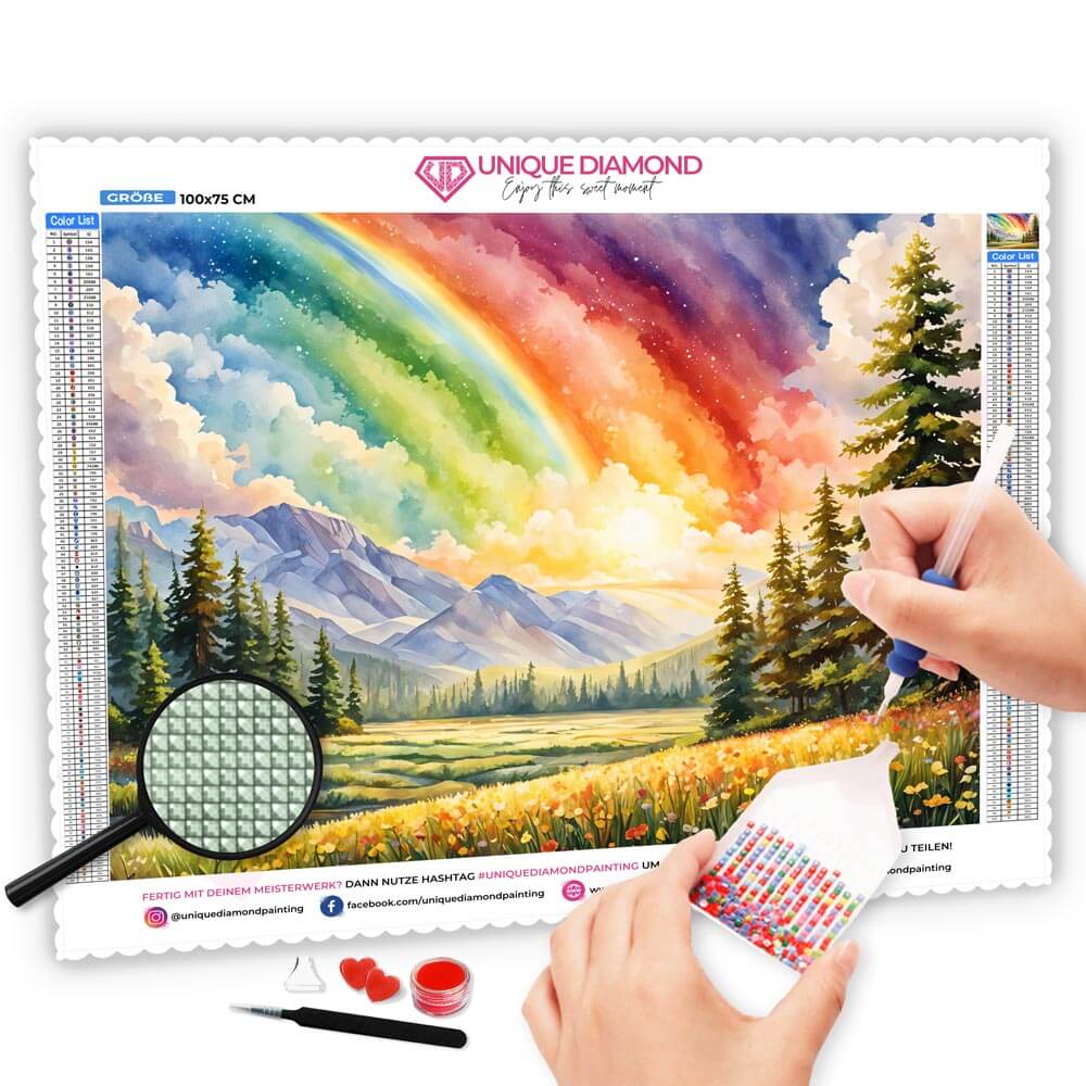 5D Diamond Painting AB Steine Rainbow Landscape mit 100 Farben, Unique-Diamond