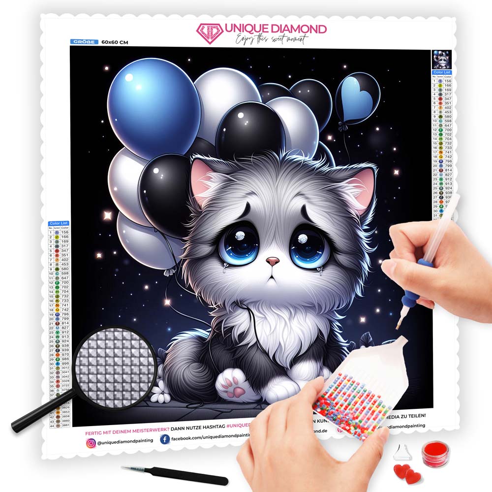 5D Diamond Painting AB Steine Sad Cat With Balloons, Unique-Diamond