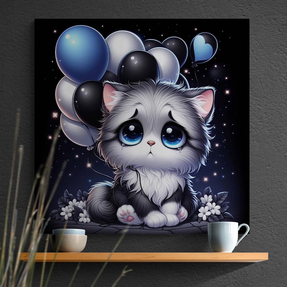 5D Diamond Painting AB Steine Sad Cat With Balloons, Unique-Diamond