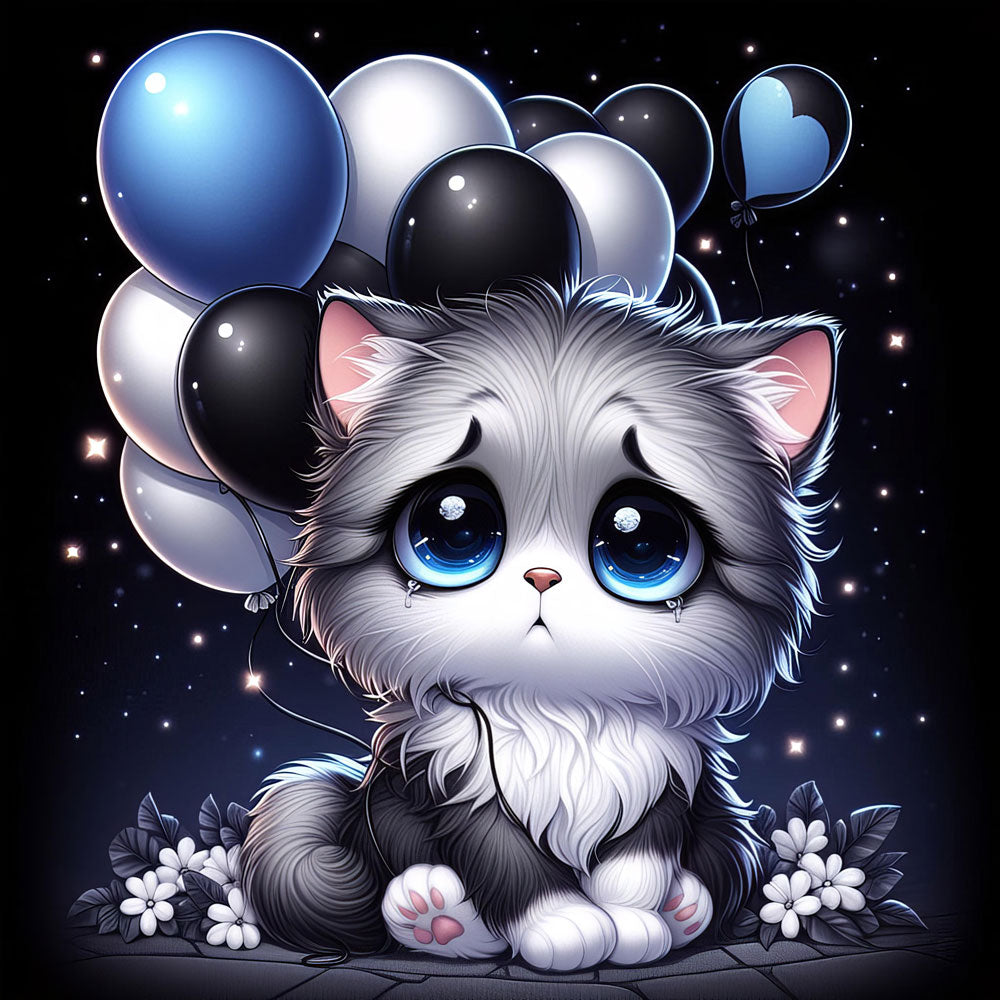 5D Diamond Painting AB Steine Sad Cat With Balloons, Unique-Diamond