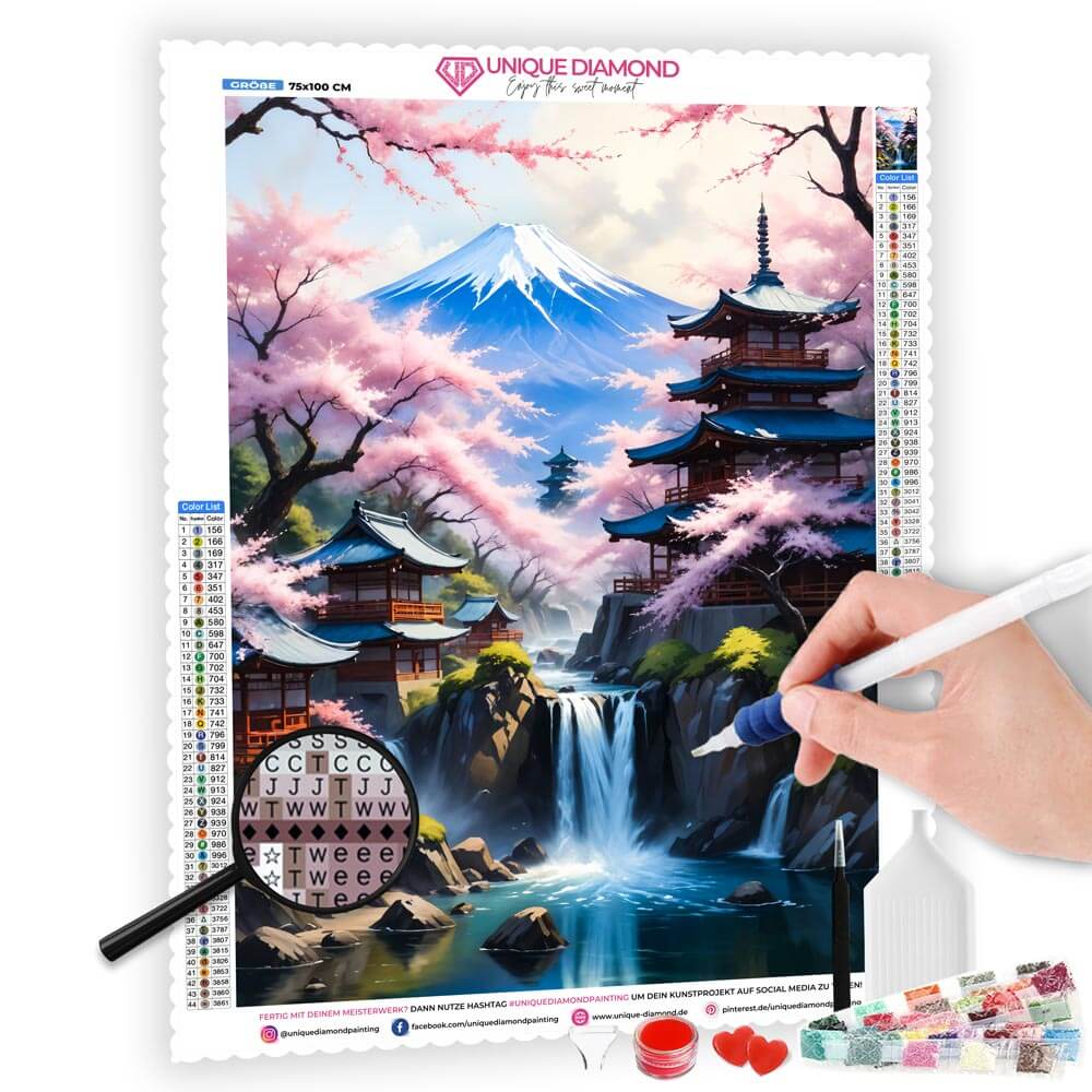 5D Diamond Painting AB Steine Sakura Sanctuary mit 100 Farben, Unique-Diamond-