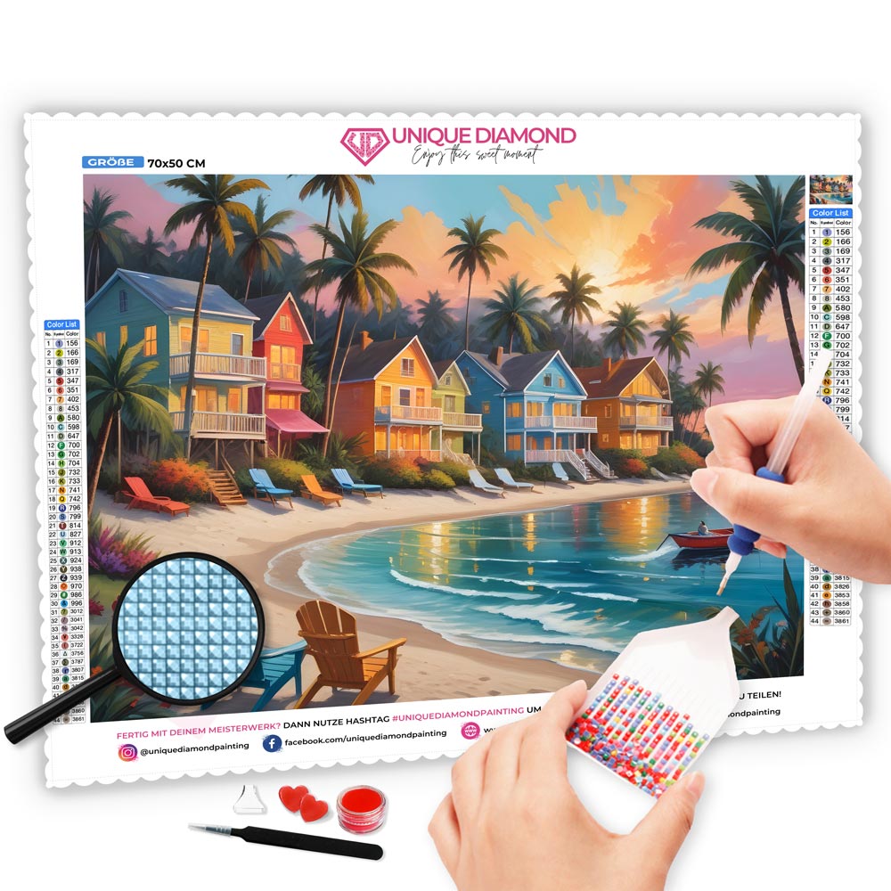 5D Diamond Painting AB Steine Tropical Beach Town mit 100 Farben, Unique-Diamond