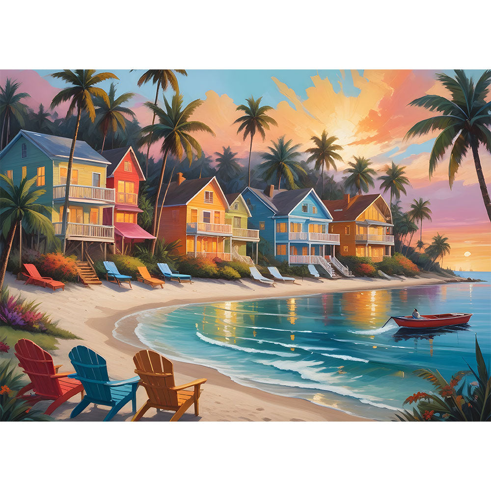 5D Diamond Painting AB Steine Tropical Beach Town mit 100 Farben, Unique-Diamond