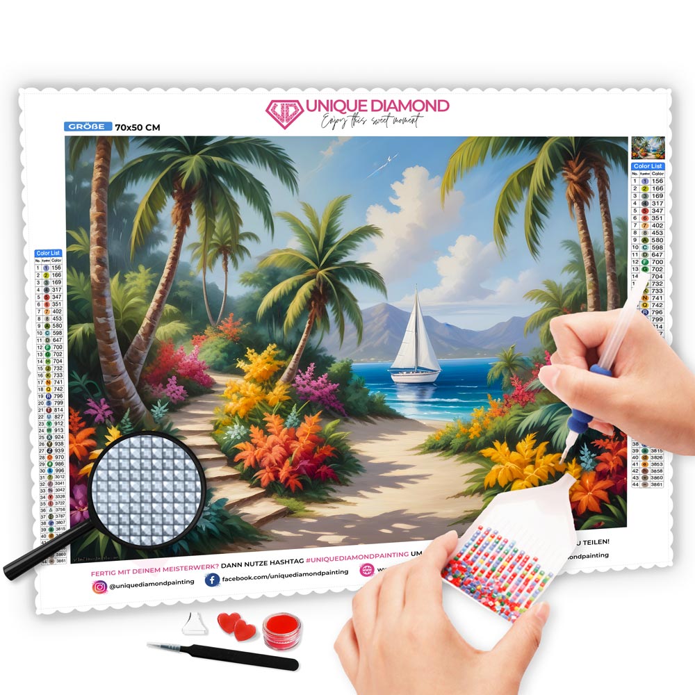 5D Diamond Painting AB Steine Tropical Beach mit 100 Farben, Unique-Diamond