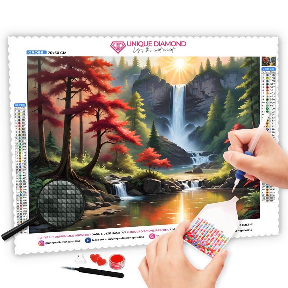 5D Diamond Painting AB Steine Wasserfall mit 100 Farben, Unique-Diamond