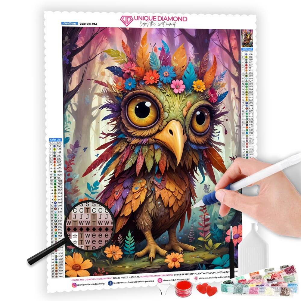 5D Diamond Painting AB Steine Whimsy Owl mit 100 Farben, Unique-Diamond