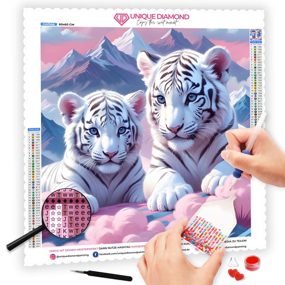 5D Diamond Painting AB Steine White Tiger mit 100 Farben, Unique-Diamond