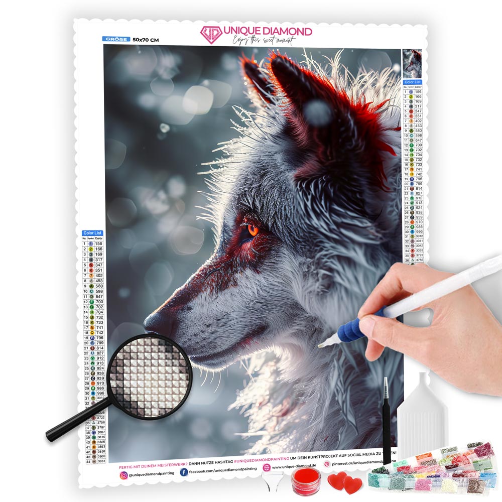 5D Diamond Painting AB Steine Wolf With Red Eyes, Unique-Diamond