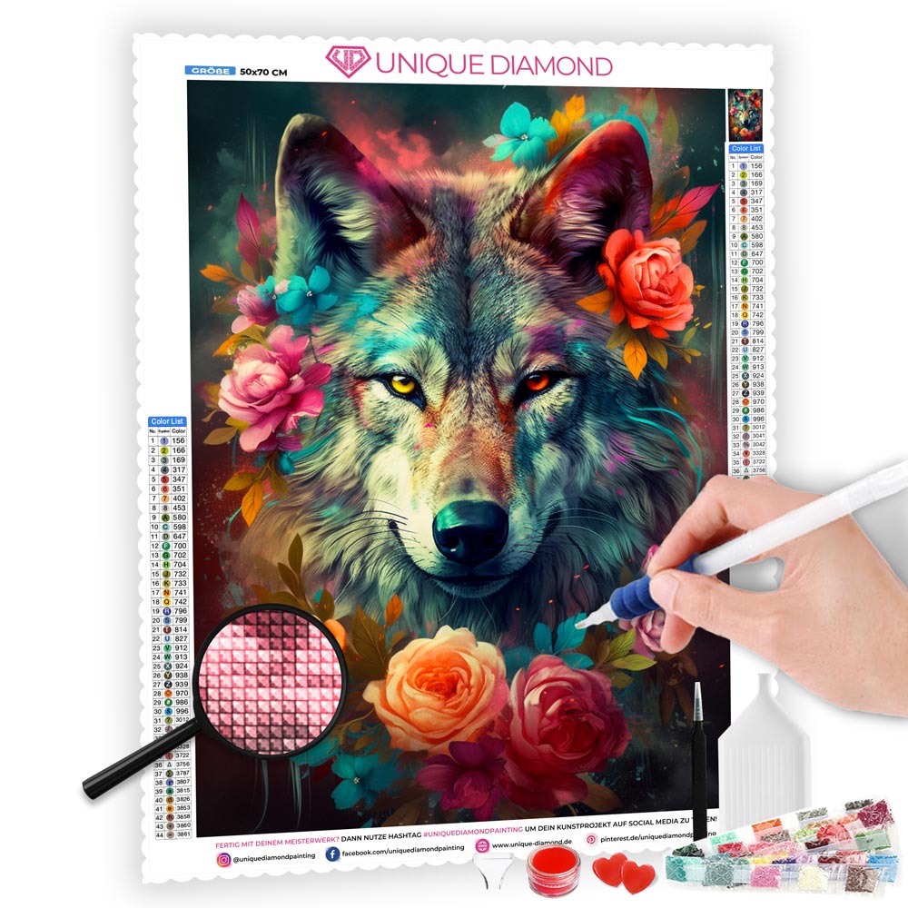 5D Diamond Painting AB Steine Wolf in Blumen - Unique-Diamond