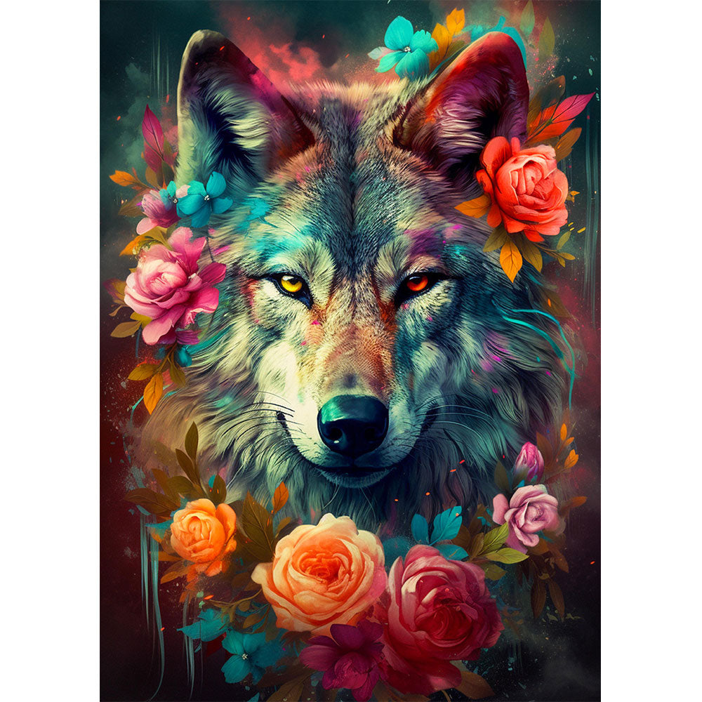 5D Diamond Painting AB Steine Wolf in Blumen - Unique-Diamond