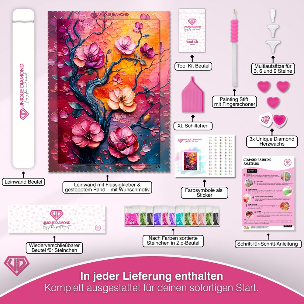 5D Diamond Painting – Blütenzauber im Abendlicht Unique-Diamond