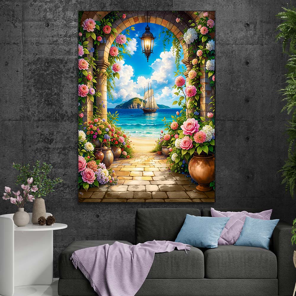 5D Diamond Painting AB Steine – Blumenbogen am Meer, Unique-Diamond