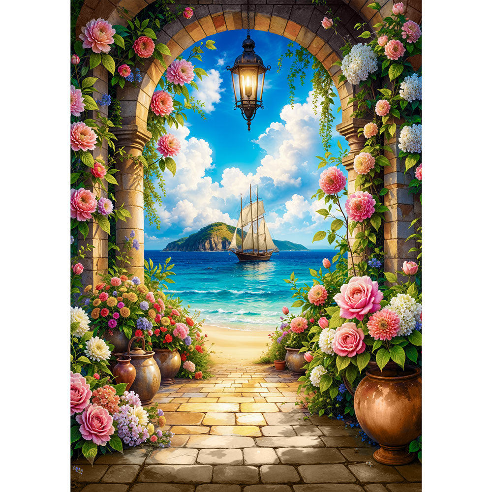 5D Diamond Painting AB Steine – Blumenbogen am Meer, Unique-Diamond