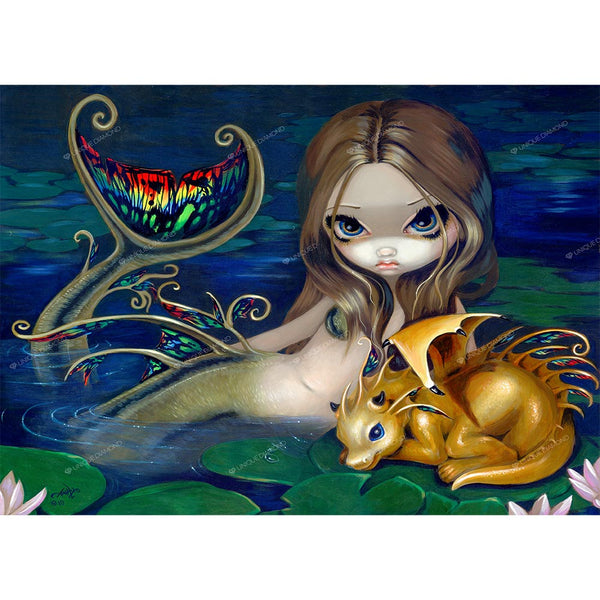 5D Diamond Painting AB Steine © Jasmine Becket-Griffith - Mermaid With A Golden Dragon, Unique-Diamond