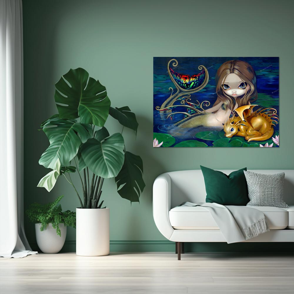 5D Diamond Painting AB Steine © Jasmine Becket-Griffith - Mermaid With A Golden Dragon, Unique-Diamond