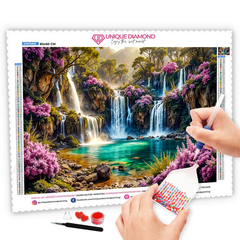 5D Diamond Painting AB Steine – Verzauberter Wasserfall mit 100 Farben, Unique-Diamond