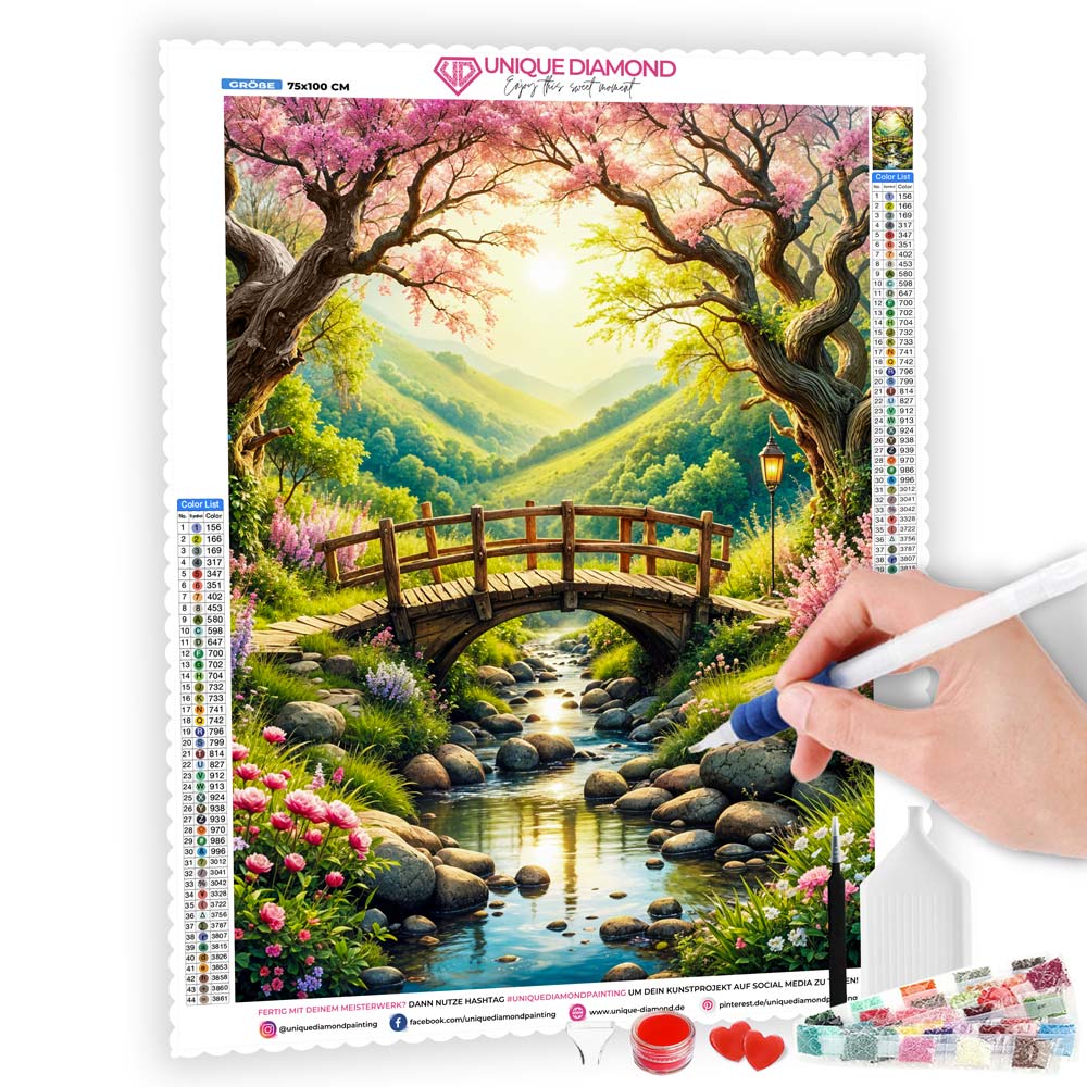 5D Diamond Painting AB Steine – Zauberbrücke im Blütental, Unique-Diamond