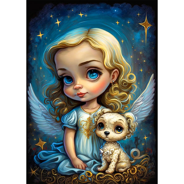 5D Diamond Painting AB Steine Angel Clara With Dog In The Dark Night, Unique-Diamond