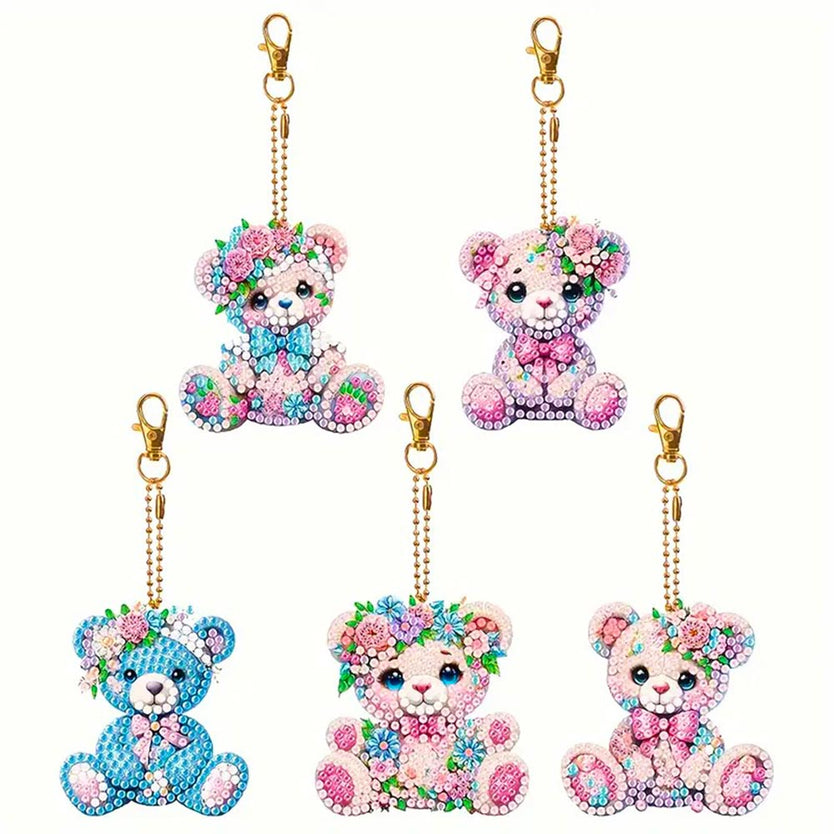 5D Diamond Painting Anhänger – Teddys im Blumenparadies 5 Stück, Unique-Diamond