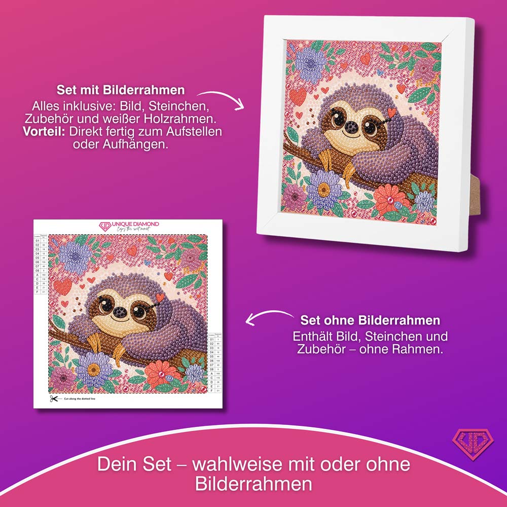 5D Diamond Painting Faultier Flora im Blütenzauber mit Strasssteinchen, Unique-Diamond