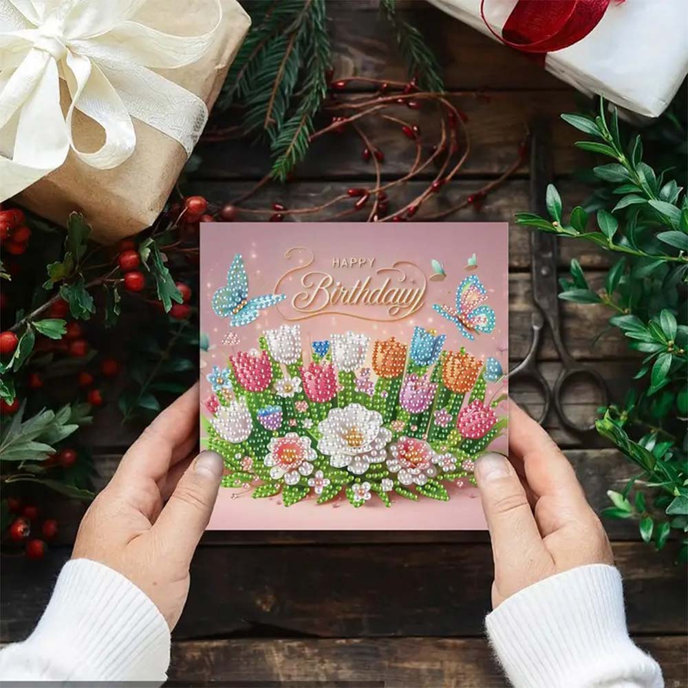 5D Diamond Painting Grußkarten – Geburtstagsblumen mit Schmetterlingen, Unique-Diamond
