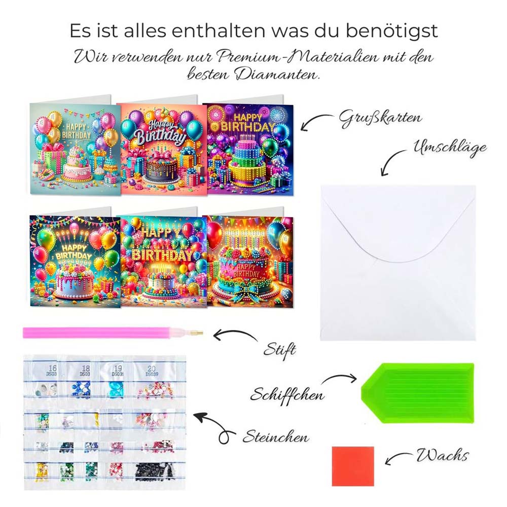 5D Diamond Painting Grußkarten – Geburtstagsfreude 6 Stück, Unique-Diamond