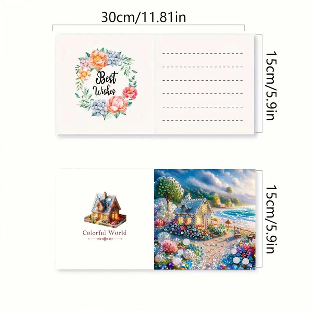 5D Diamond Painting Grußkarten – Glitzerhäuschen am Meer, Unique-Diamond