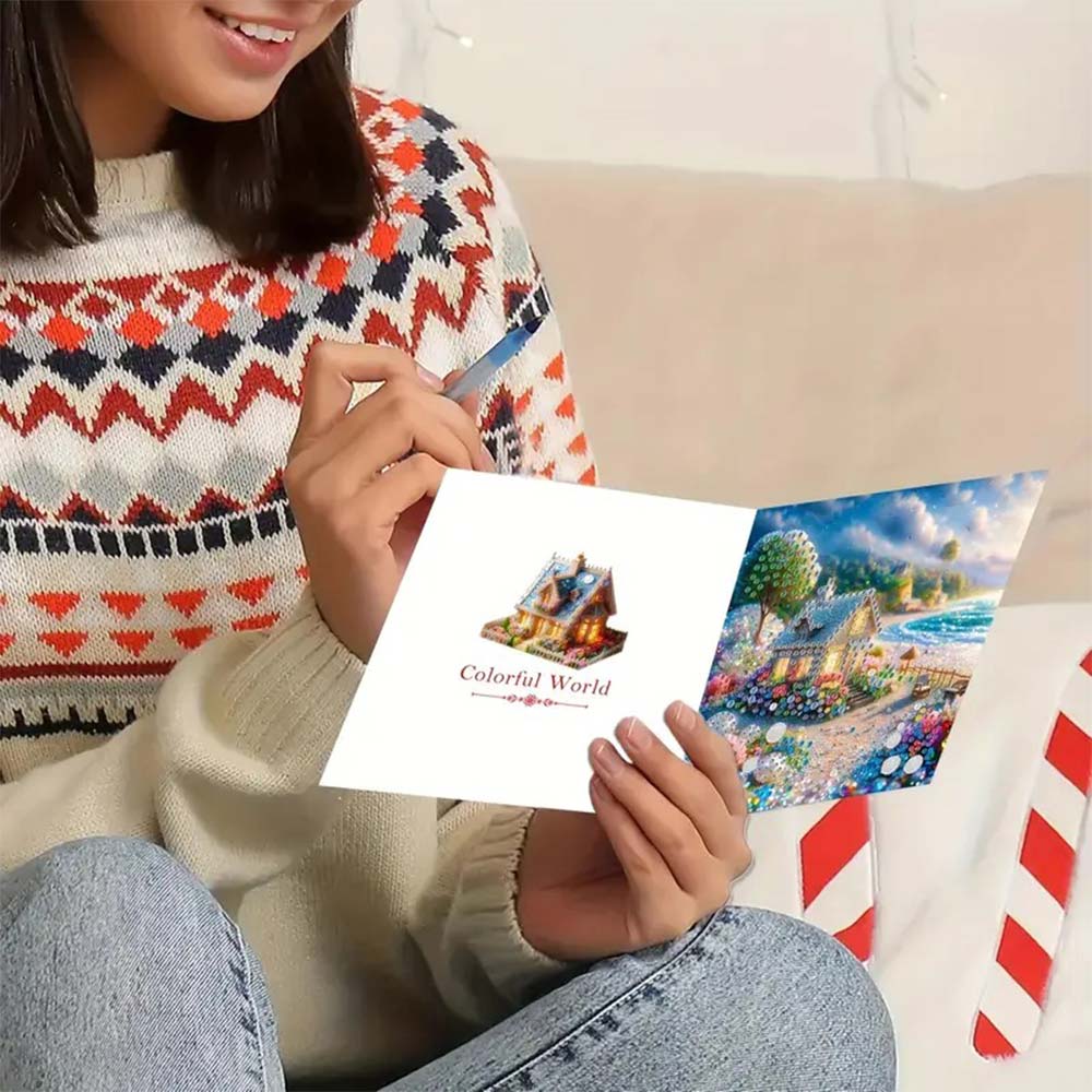 5D Diamond Painting Grußkarten – Glitzerhäuschen am Meer, Unique-Diamond